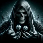DALL·E 2024-05-14 18.23.52 – A realistic image of the Grim Reaper holding three dice between his fingers. The Grim Reaper should have a skeletal figure draped in a dark, tattered