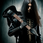 DALL·E 2024-05-15 17.38.48 – A typical metalhead with long black hair, wearing a long black leather coat, carrying an electric guitar on his back, and looking like a skeleton. The